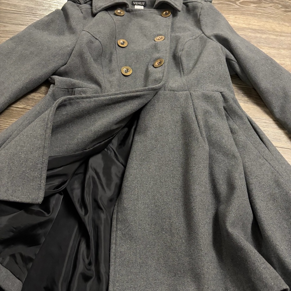 Y2K Vintage Venus Ruffle Hem Double Breasted Trench Coat (Charcoal Grey) Size L - Picture 3 of 7